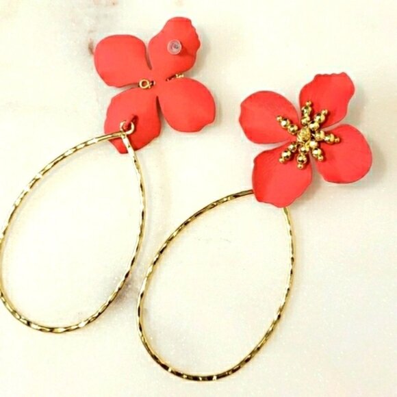New Red Floral Drop Earrings in Gold - Picture 3 of 4
